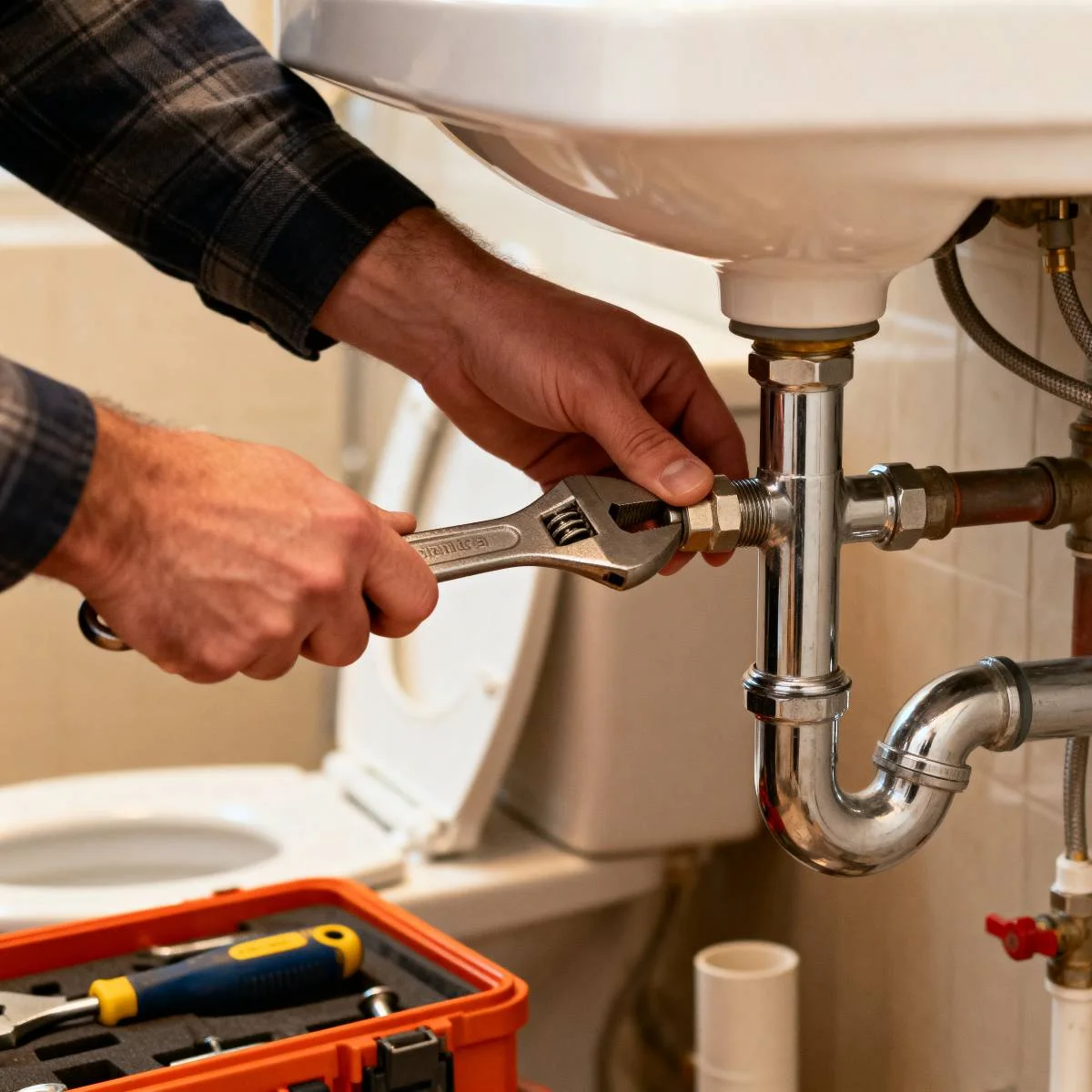 Plumber fixing a bathroom sink in Hayward